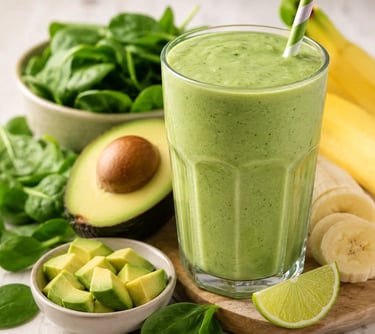 A healthy green smoothie in a glass with avocado, spinach, bananas, and lime ingredients.