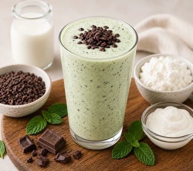 Refreshing mint chocolate chip protein smoothie with milk, cottage cheese, and mint leaves on a wooden board.