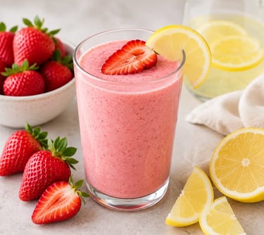 Fresh strawberry smoothie in a glass garnished with lemon and fresh strawberries on a table.