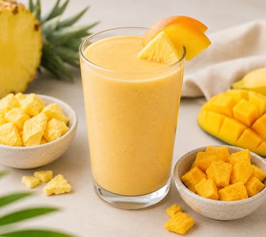 A glass of tropical mango and pineapple smoothie surrounded by fresh fruit ingredients and chunks.