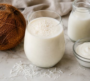 Creamy coconut smoothie in a glass topped with flakes, next to a fresh coconut and greek yogurt.