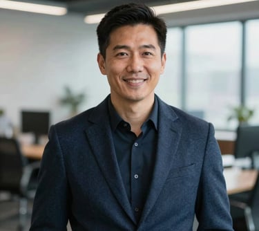 A professional headshot of a creative expert in a North American / US office, wearing a casual professional navy blazer, with a bright, soft-focus background.