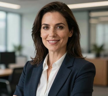 A professional headshot of a female marketing strategist in a modern North American office, featuring a friendly and authoritative expression with soft lighting.