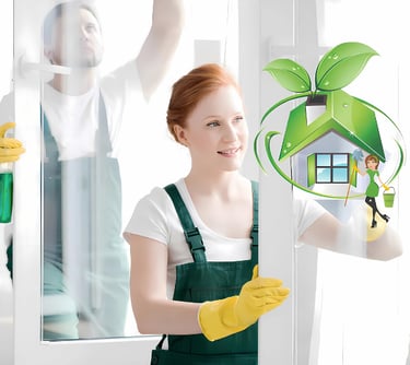 a woman in overalls and gloves holding a green house