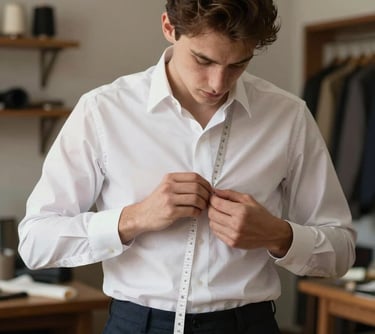 Portrait of a young artisan tailor focused on hand-stitching a lapel, wearing a crisp white shirt and dark trousers, warm artisanal studio lighting.