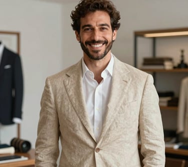 Professional portrait of a male tailoring expert in a beige linen suit, smiling confidently in a bright, modern studio, European / Spanish style.