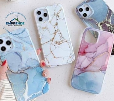 a woman holding a phone case with a marbled surface