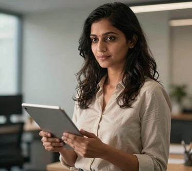 A warm professional portrait photo of an Indian woman standing in a contemporary office setting with soft backlighting, holding a tablet thoughtfully.