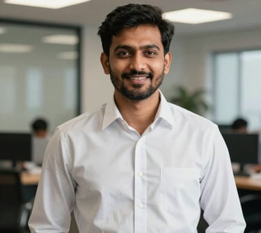 A professional portrait photo of a South Asian man in his 30s wearing a crisp button-down shirt, standing in a brightly lit modern agency office with a confident, welcoming expression.