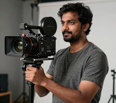 A portrait photo of a South Asian video production director holding a cinema camera in a well-lit studio environment, looking relaxed and focused.