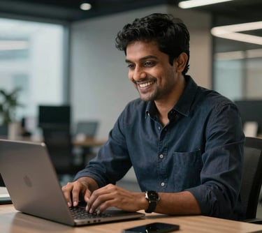 A portrait photo of an Indian social media strategist smiling at a modern desk with high-contrast office lighting, looking engaged and creative.