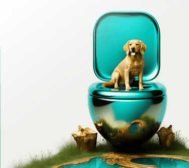 a dog sitting on a toilet with a blue lid