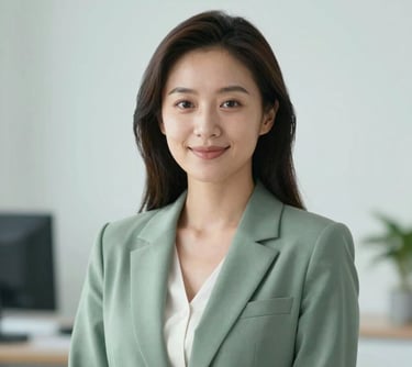 Professional headshot of a woman in a smart casual outfit, looking friendly and efficient. Soft lighting, minimalist clinical aesthetic, colors matching #6A9B8D.