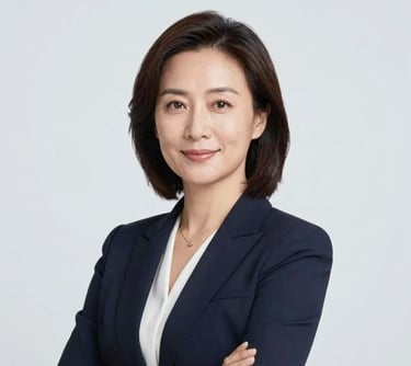 Professional studio headshot of a woman in her 40s, looking confident and approachable. Minimalist background in #F5F8FA, soft professional lighting, representing leadership in healthtech.