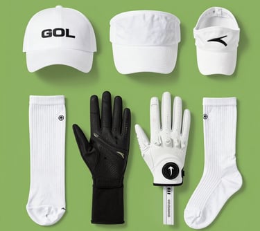 A stylish golf cap and gloves laid out on fresh green grass under sunlight.