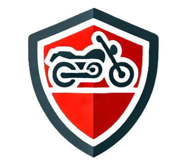 Ícono de un escudo con una motocicleta, representando seguridad y protección en transporte.