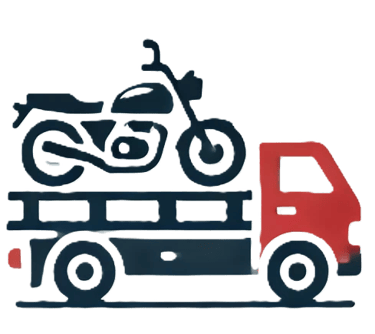 Ícono de un camión de plataforma transportando una motocicleta, simbolizando logística y envío.