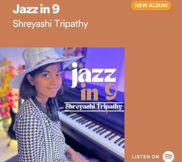 Shreyashi Tripathy, Indian pianist and composer, featured on the jazz fusion album cover 'Jazz in 9'