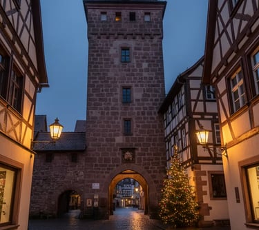 A dramatic night view of a tall, medieval stone tower with an arched passage in Rothenburg ob der Ta