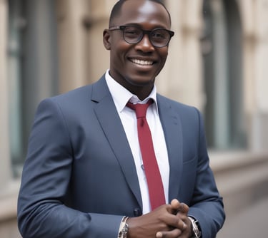Professional headshot of a smiling Black businessman wearing a navy blue suit and white shirt.