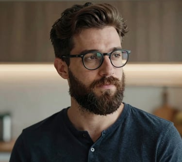 Portrait of a man with glasses and a stylish beard, looking thoughtful and professional, with a background of a blurred modern kitchen and warm lighting.