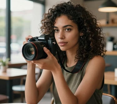 Portrait of a young woman with curly hair, holding a professional camera, looking confident and creative, natural window lighting in a modern cafe setting.
