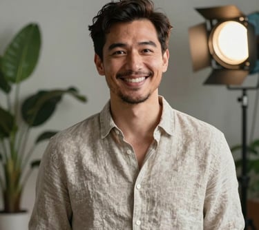 Professional portrait of a man in his 30s with a creative look, wearing a neutral linen shirt, smiling warmly against a background of indoor plants and studio lighting.