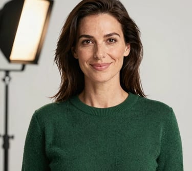 Close-up portrait of a woman with a friendly, professional expression, standing in a bright studio with soft lighting, wearing a Matte Forest Green sweater.