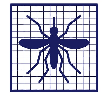Icône bleue représentant un moustique sur une grille, symbole de moustiquaire Isovergne