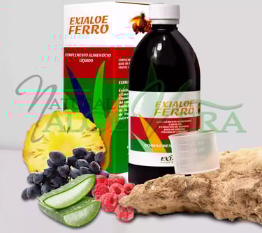 Frasco y caja de Exialoe Ferro, complemento alimenticio con hierro.
