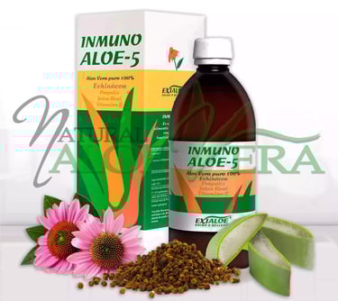 Frasco y caja de Inmunoaloe 5, complemento natural para las defensas.
