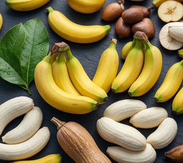 Bananas amarelas frescas e bananas descascadas sobre fundo escuro