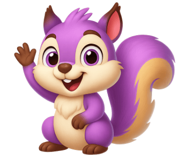 Mascotte écureuil violette qui salue avec le message : "Et hop, en route vers encore plus d’astuces 