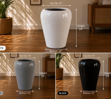 White, grey, and black frp tapered planters with dimensions shown in a modern living room.