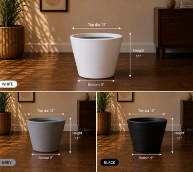 White, grey, and black modern tapered round planters with dimensions for indoor home decor.