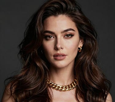 Editorial portrait of a sophisticated woman with voluminous, glossy hair, wearing gold jewelry, set against a dark textured background, North American / Western European fashion style.