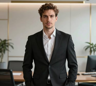 Editorial portrait of a creative professional in a sleek black suit, minimalist modern office background with gold accents, professional lighting, North American / Western European style.