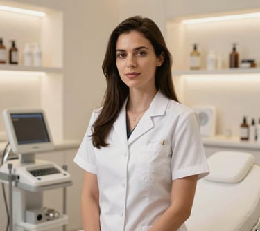 Portrait of a skincare specialist in a high-end luxury clinic setting, modern clinical attire, sophisticated warm lighting, North American / Western European aesthetic.