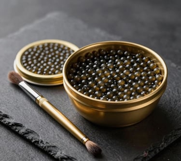 Still life photography of the Caviar Kit components, featuring a golden mixing bowl and a precision applicator brush against a dark slate background, soft gold ambient lighting, North American / Western European style.