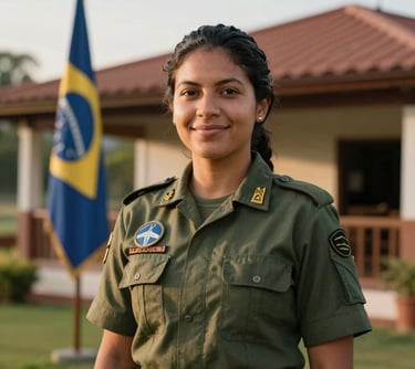 A portrait of a South American / Brazilian woman in a Pathfinder uniform, focused and friendly, standing in front of a clubhouse with a flag, soft morning light, professional photography style.