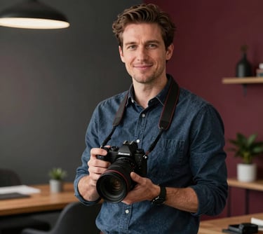 A professional portrait of a creative director in a North American / US workspace, holding a camera. The style is clean and professional with deep charcoal and deep ripe crimson elements in the decor.