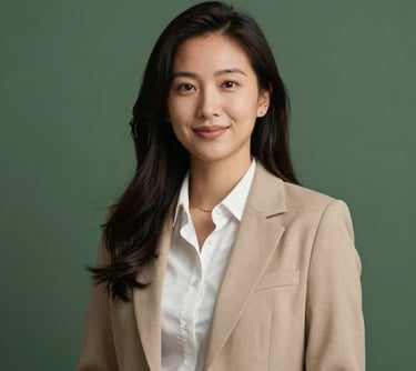 A professional portrait of a social media lead in a North American / US studio, dressed in professional yet approachable attire. The lighting is soft and flattering, with a background of matte forest green.