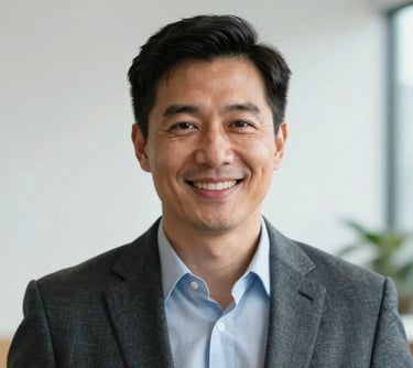 A professional portrait of a male media head in a North American / US office setting. He is smiling warmly, looking approachable and confident. The background is a clean, crisp parchment wall.