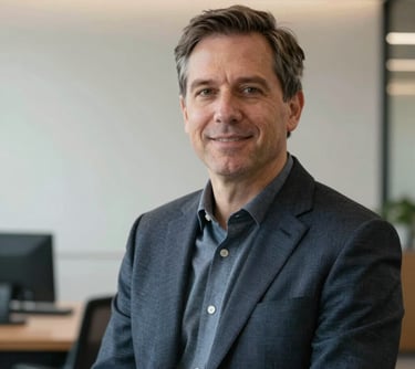 A professional portrait of the agency founder in a modern North American / US office. They are looking into the camera with a friendly, professional expression. Sophisticated lighting, background with crisp parchment textures.