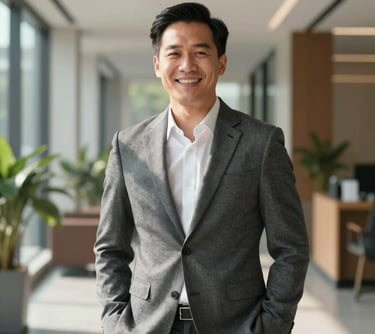 Professional portrait of a Southeast Asian / Vietnamese male executive in a smart casual Slate Grey blazer, smiling confidently in a modern, sunlit office hallway.