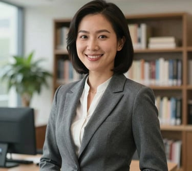Professional portrait of a Southeast Asian / Vietnamese woman in a Slate Grey professional attire, smiling in a modern office library with books and plants in the background.