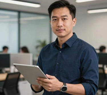 Professional portrait of a Southeast Asian / Vietnamese man in a Deep Navy shirt, holding a digital tablet and looking at the camera in a modern tech office environment.