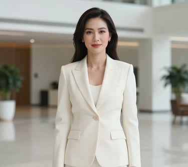 Professional portrait of a Southeast Asian / Vietnamese female leader in an elegant Off-white suit, standing in a bright minimalist lobby with modern architecture.