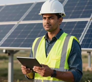 A professional portrait of a South Asian man in a high-visibility safety vest and hardhat, standing in front of a solar installation and holding a digital tablet. Bright, natural outdoor lighting.