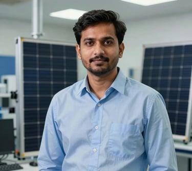 A professional portrait of a South Asian male engineer in a light blue button-down shirt, standing in a technical laboratory with solar equipment visible in the background. Bright, focused lighting.